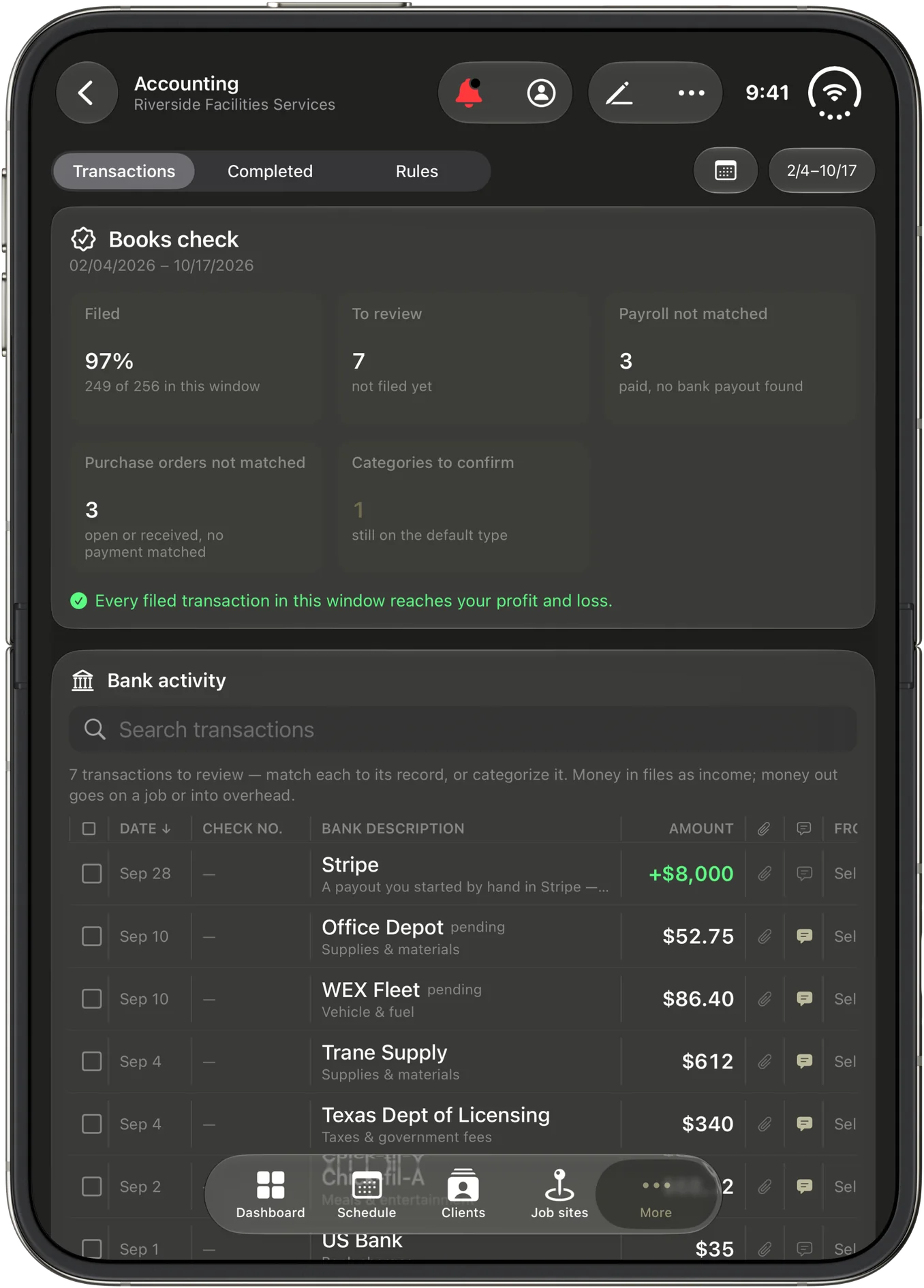 CRMb 2.0 on iPhone Duo: Accounting with the books check at the top and bank activity waiting to be filed below it