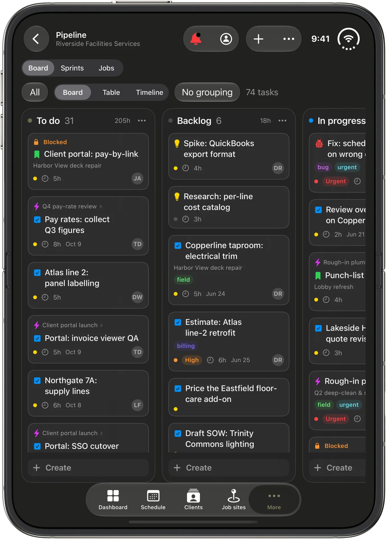 CRMb 2.0 on iPhone Duo, open in portrait: the Board with To do, Backlog and In progress side by side, each task with its labels, estimate and assignee