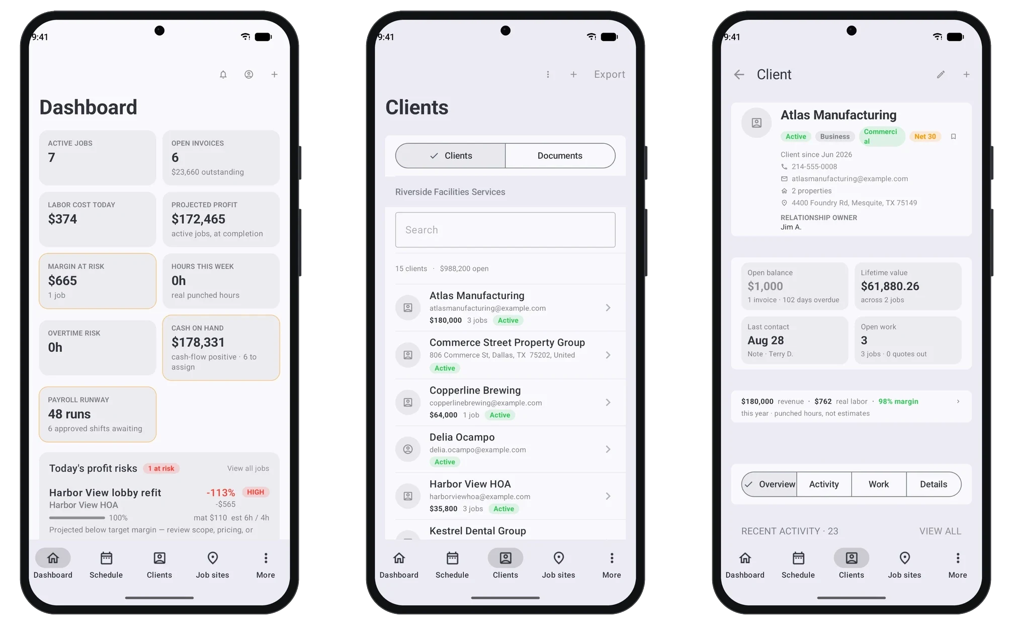 CRMb on Android: the dashboard with active jobs, open invoices and profit, the client list, and a client record with open balance and lifetime value
