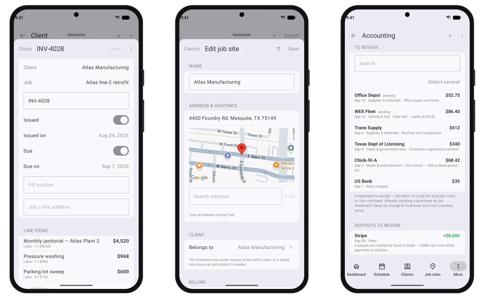CRMb on Android: editing an invoice with its line items, editing a job site's address and geofence on the map, and bank activity waiting to be reviewed
