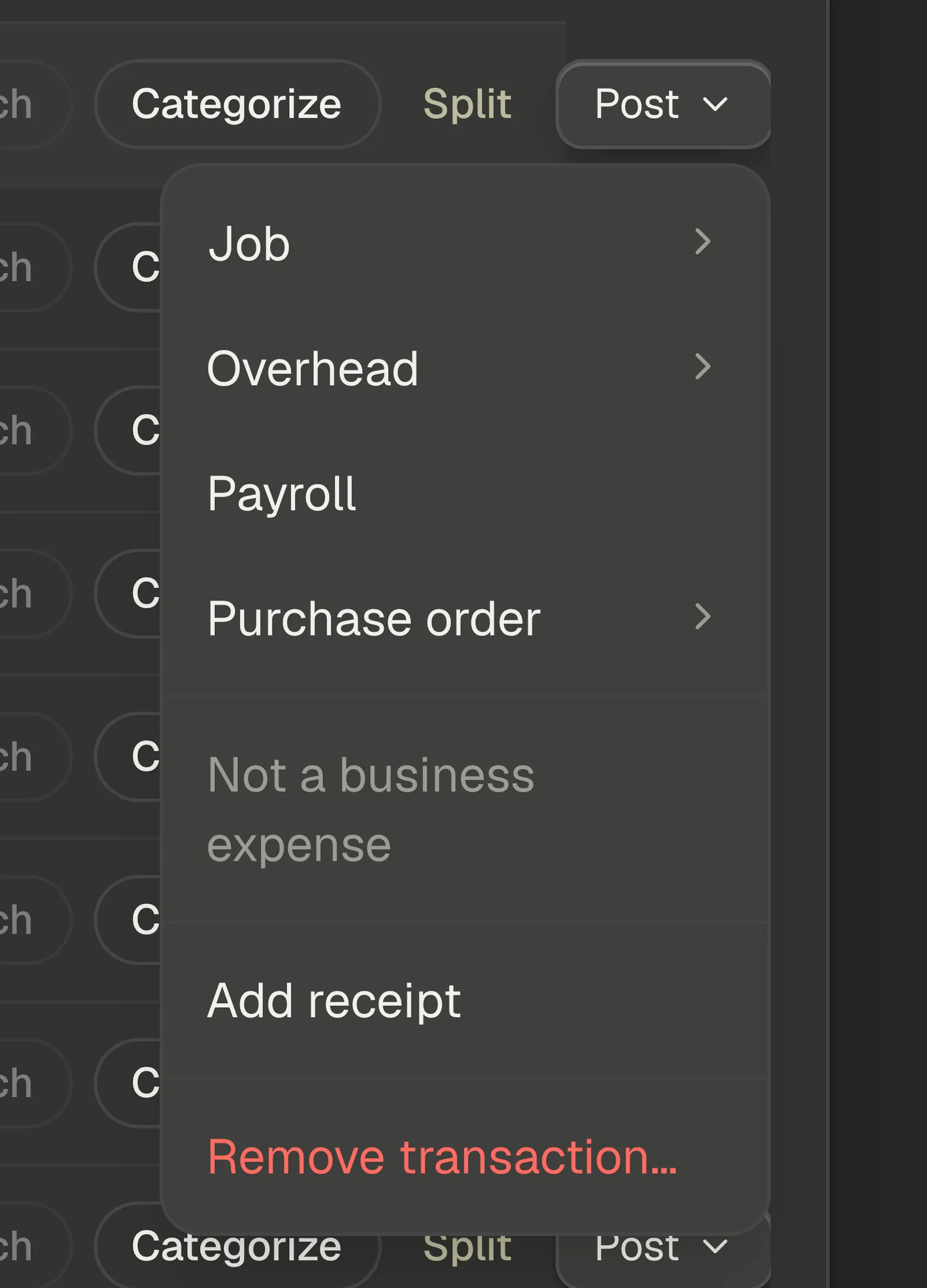 The pencil menu open on a transaction, showing Job, Overhead, Payroll, Purchase order, Not a business expense, Move back to review, Add receipt and Remove transaction.