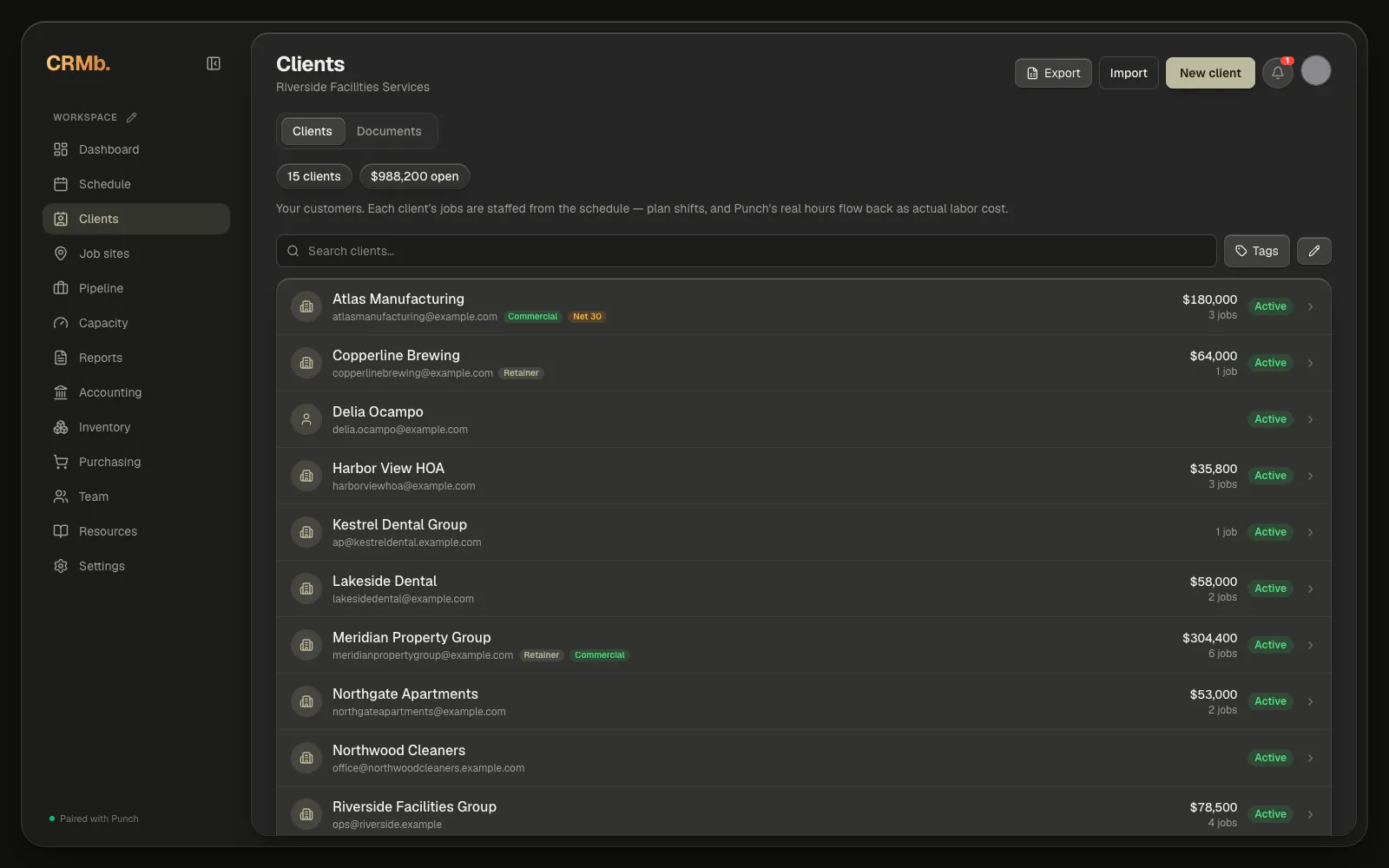 The Clients list: the Clients and Documents tabs at the top, count chips, the search row with the tag filter and the pencil, and Export, Import and New client in the header at the top right.