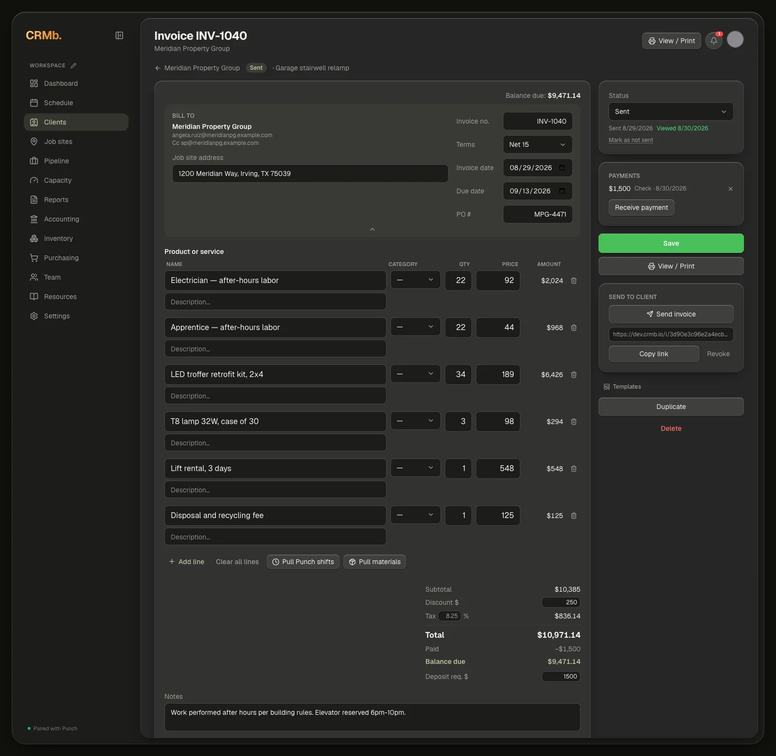 The invoice editor: the Add line, Clear all lines, Pull Punch shifts and Pull materials toolbar above the lines on the left, and the right-hand column with status, payments, Save and View / Print, Send to client with Copy link and Revoke, and Templates, Duplicate and Delete at the foot.