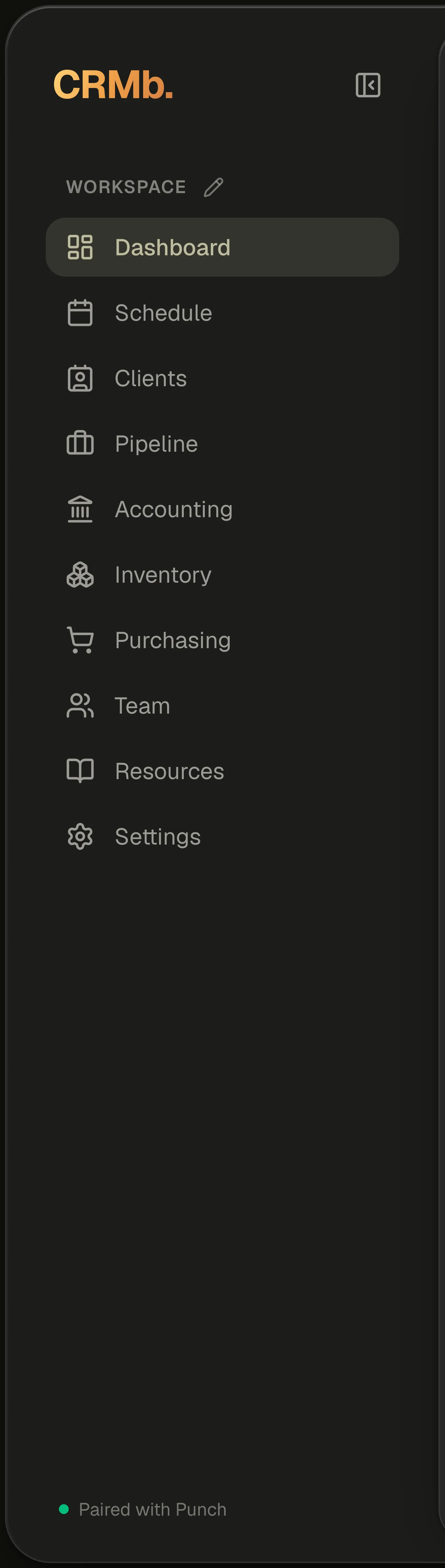 The finished sidebar: a shorter list of tabs in the chosen order, with the collapse button beside the CRMb wordmark at the top.