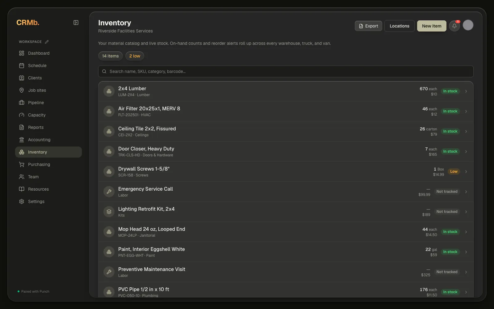 The Inventory page: the search box and item list, with Locations and New item in the top-right corner.
