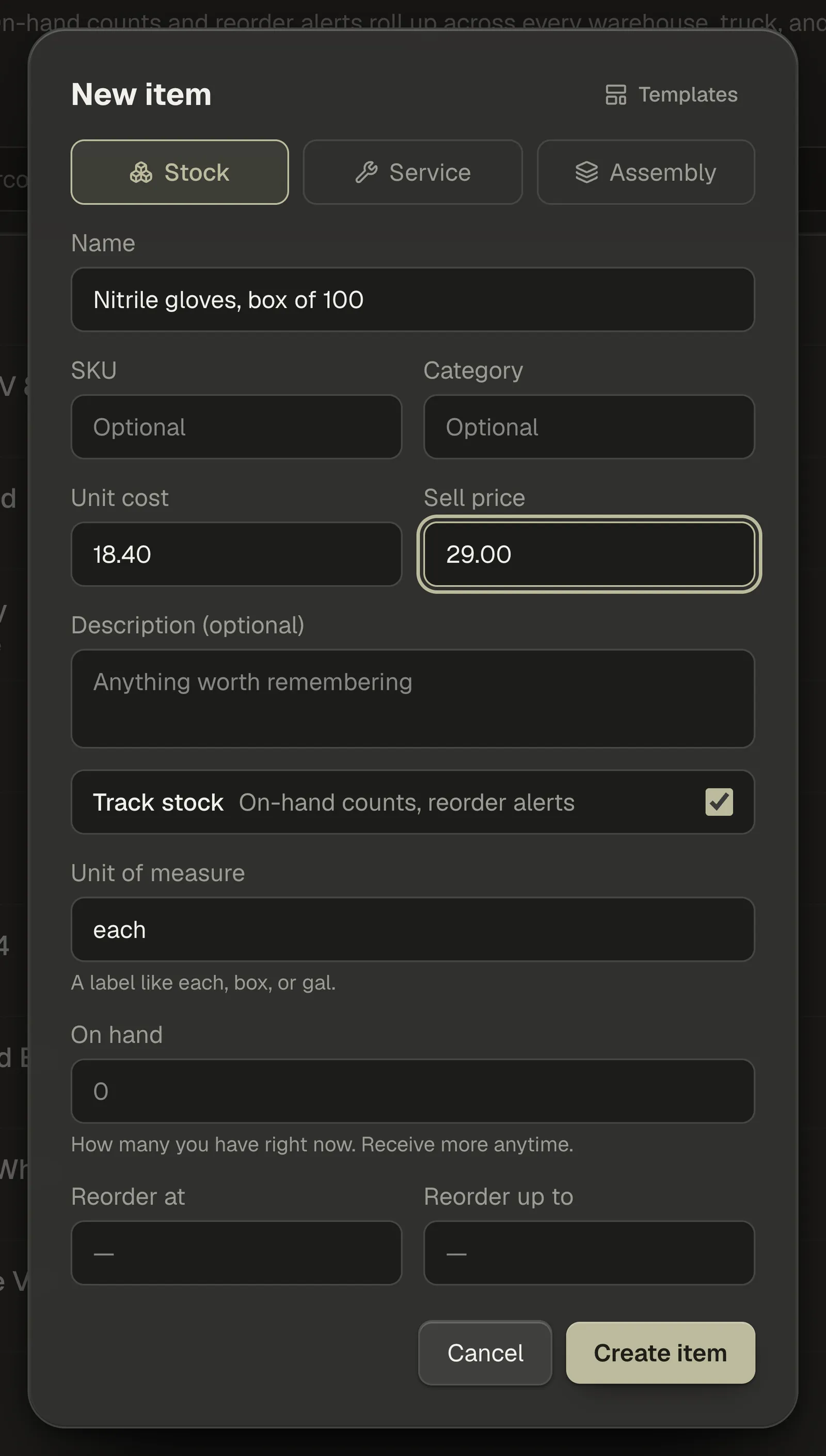 The New item form with Name, SKU, Category, Unit cost, Sell price, Description and the Track stock row.