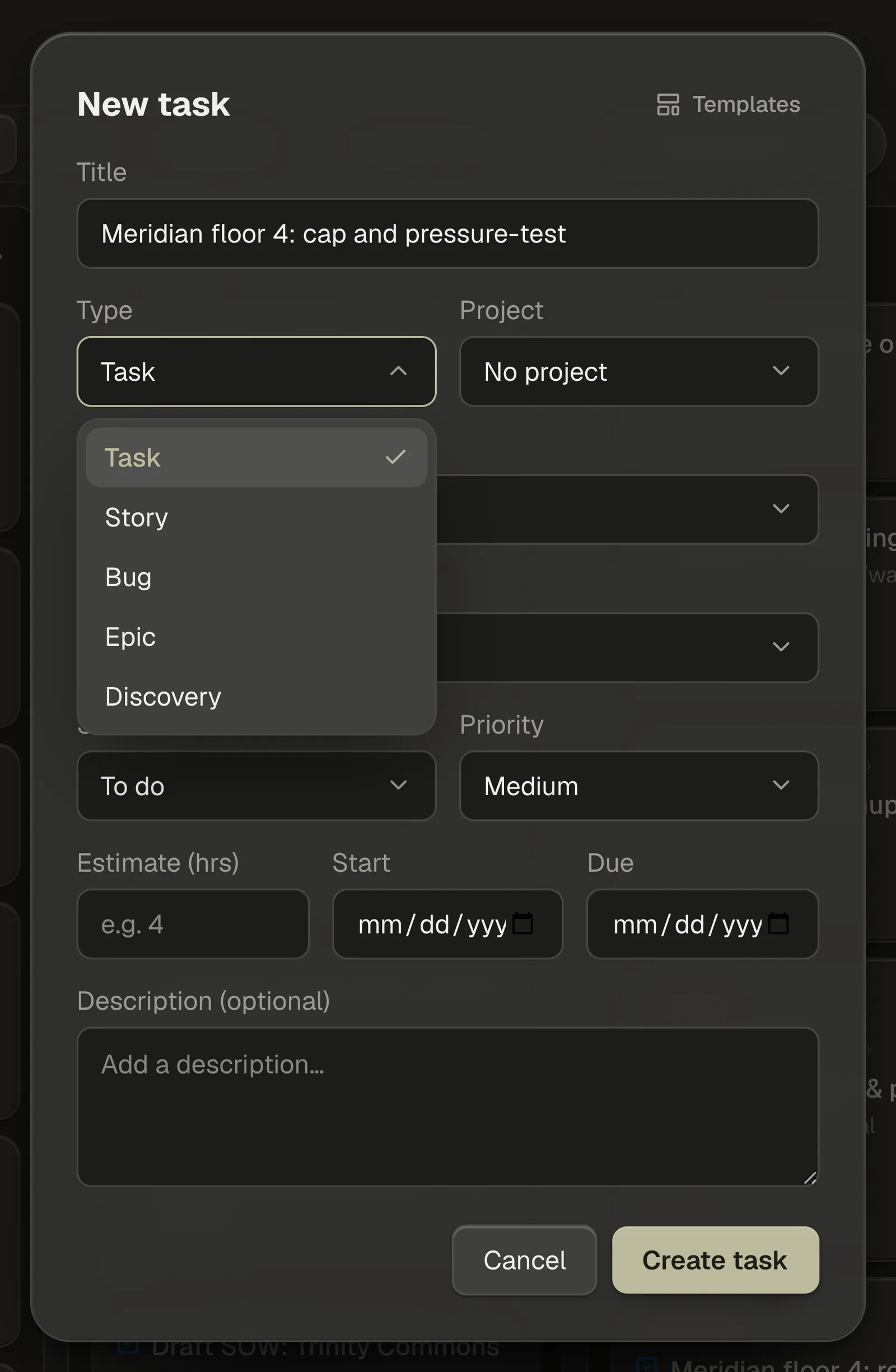 The New task window with the Type picker open, showing Task, Story, Bug, Epic and Discovery, and Templates in the top corner.