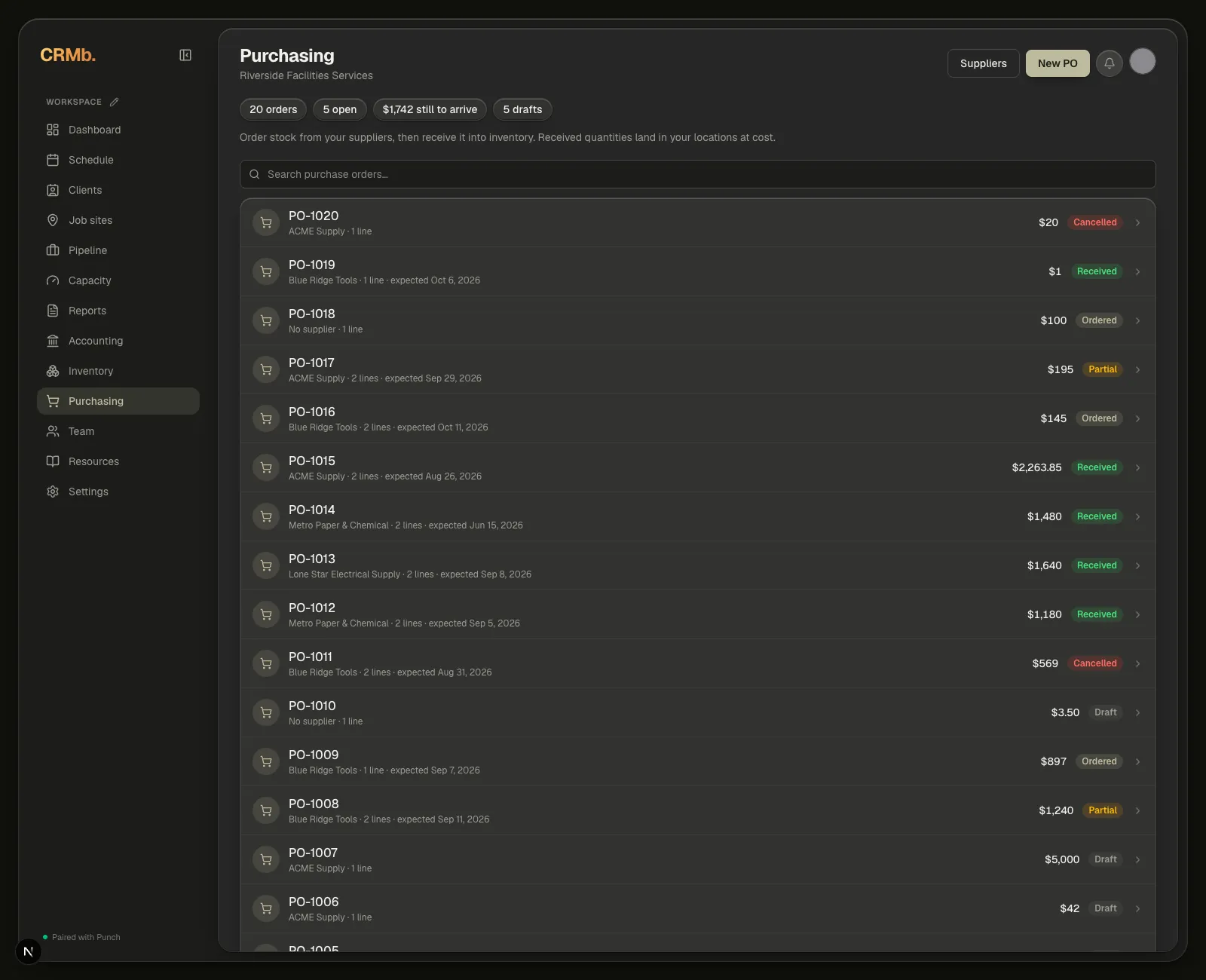 The Purchasing page: the order counts across the top, the order list with its status pills, and the Bills section underneath.