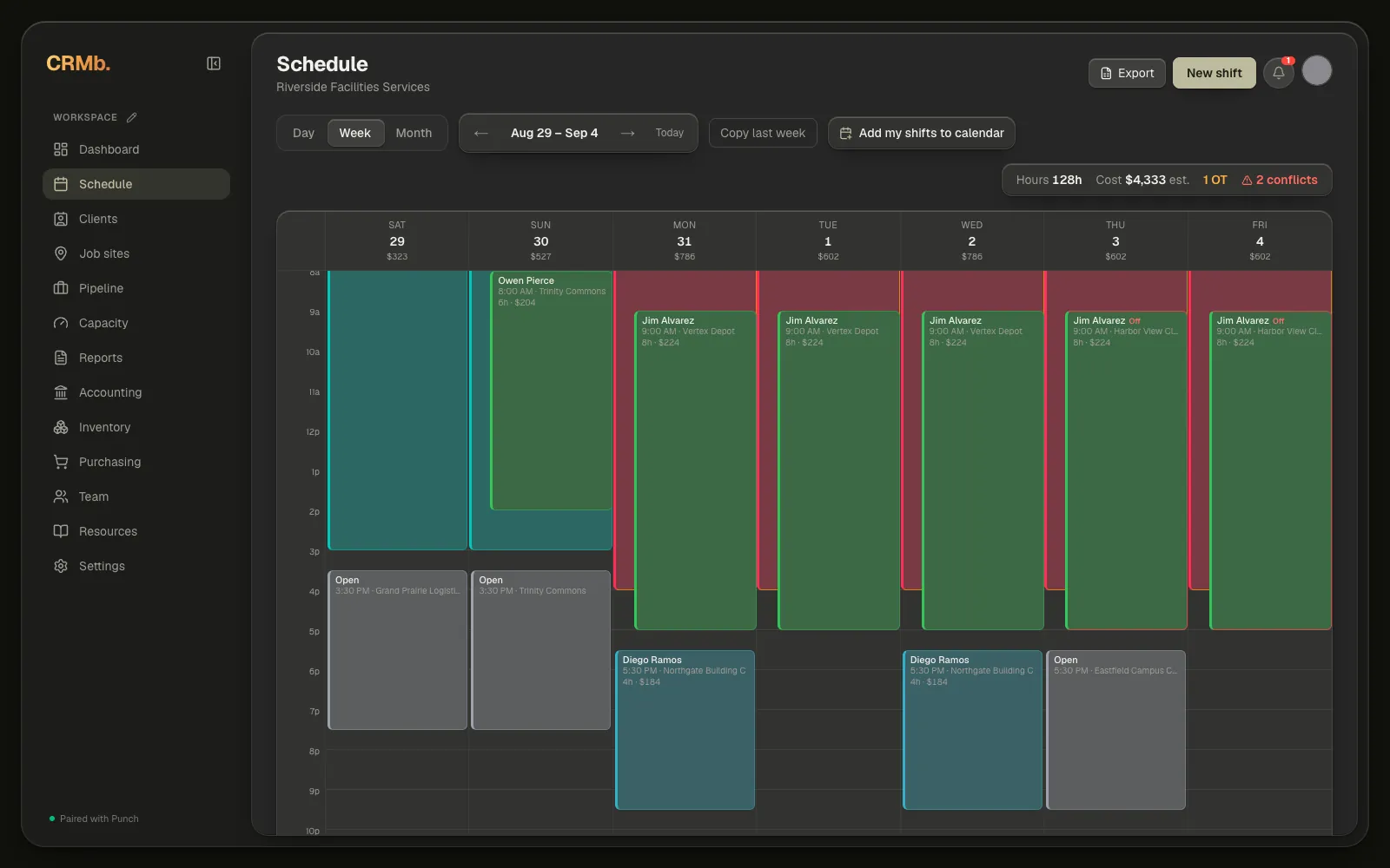 The Schedule page in Week view, with the Day, Week and Month tabs at the top left, the arrows and Today beside them, and a week of shift blocks below.