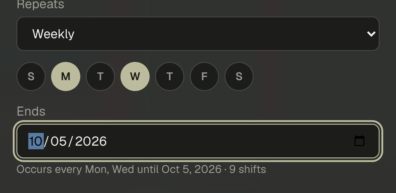 The Repeats menu set to Weekly, the Monday and Wednesday circles lit, an end date, and the summary line counting the occurrences.