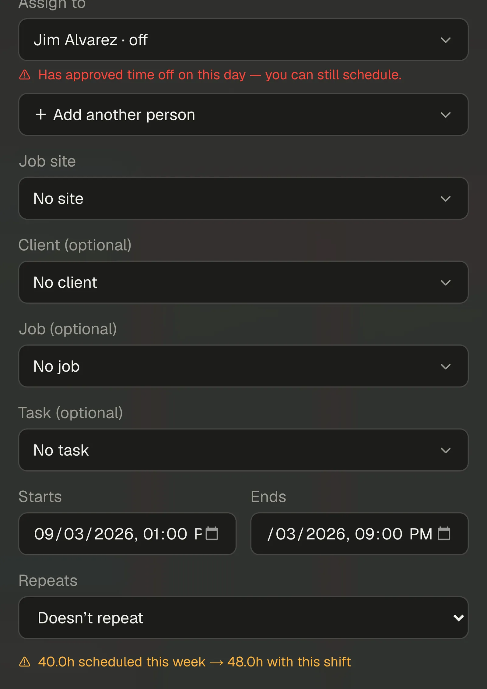 The composer showing an assignee marked "· off", the red time-off warning, and the weekly hours line reading amber.