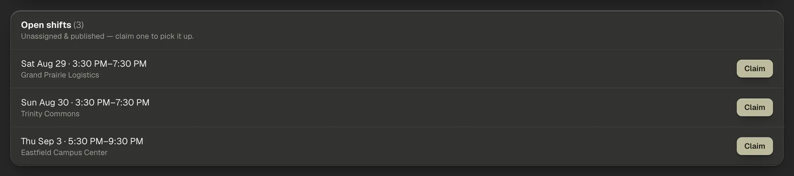 The Open shifts panel listing two unassigned shifts, each with a Claim button.