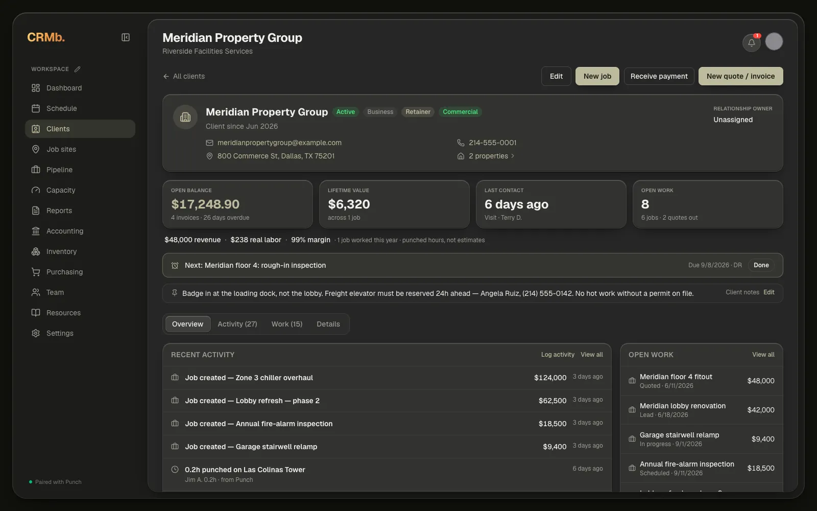 The client detail page, with Edit, New job, Receive payment and New quote / invoice lined up in the action bar at the top right.