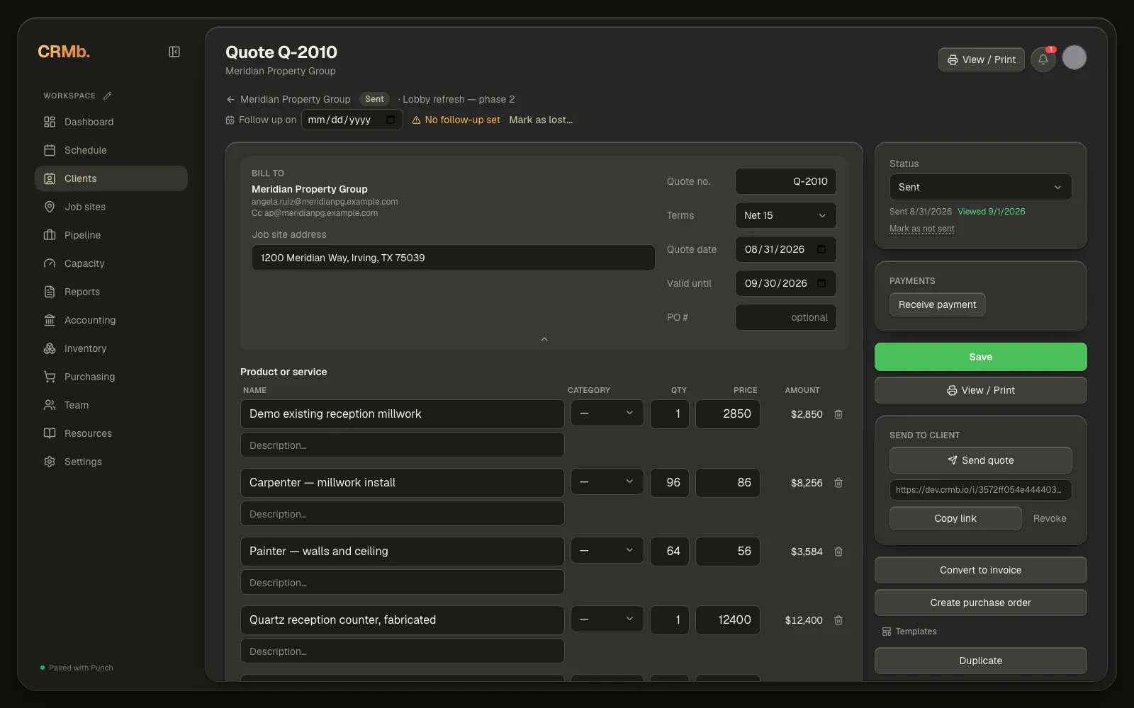 The right-hand panel of the quote editor: status at the top, then payments, Save and View / Print, the Send to client card, and the quote actions underneath.
