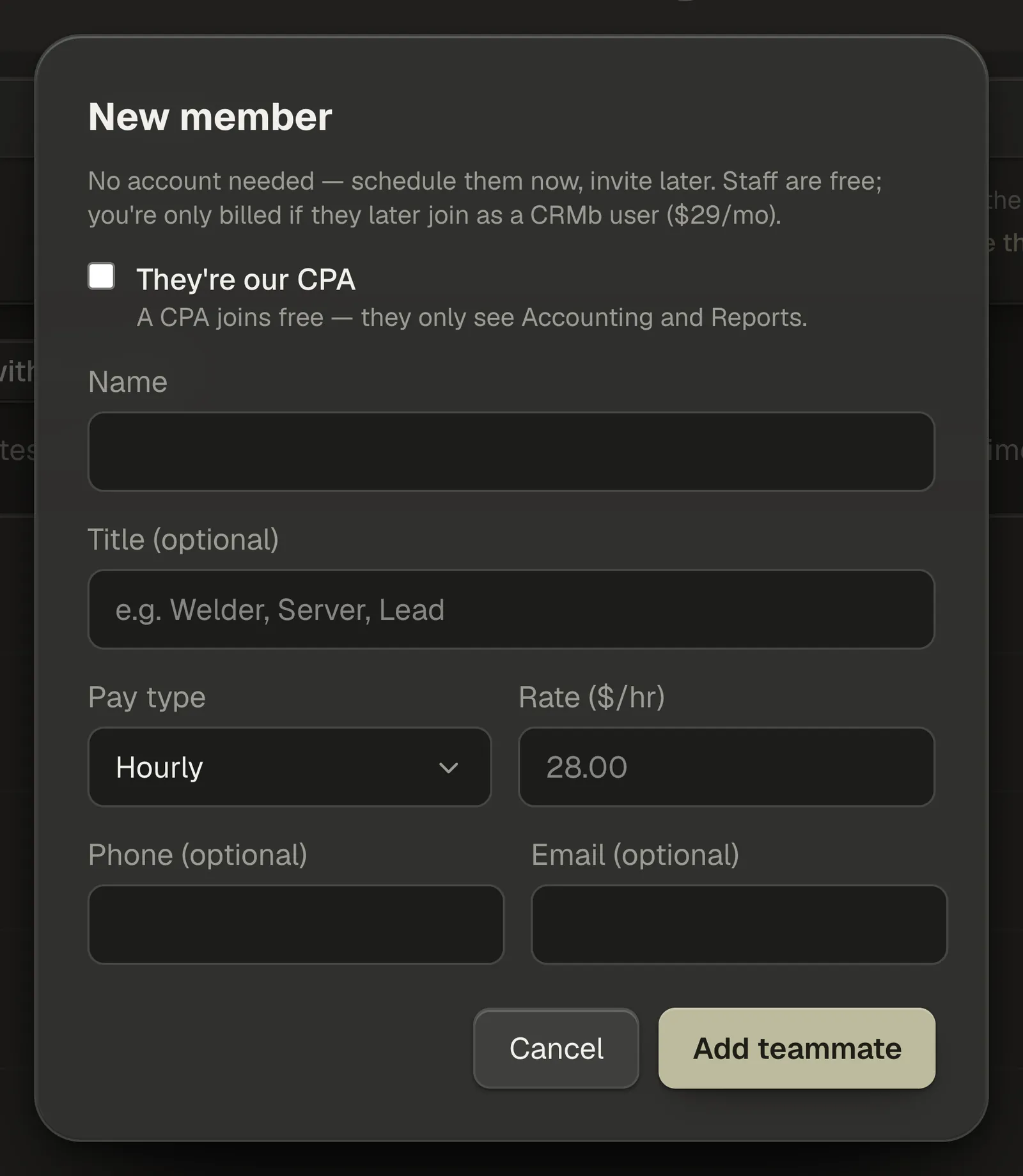 The New member window: the They're our CPA checkbox above the Name field, then title, pay type and rate, phone and email.