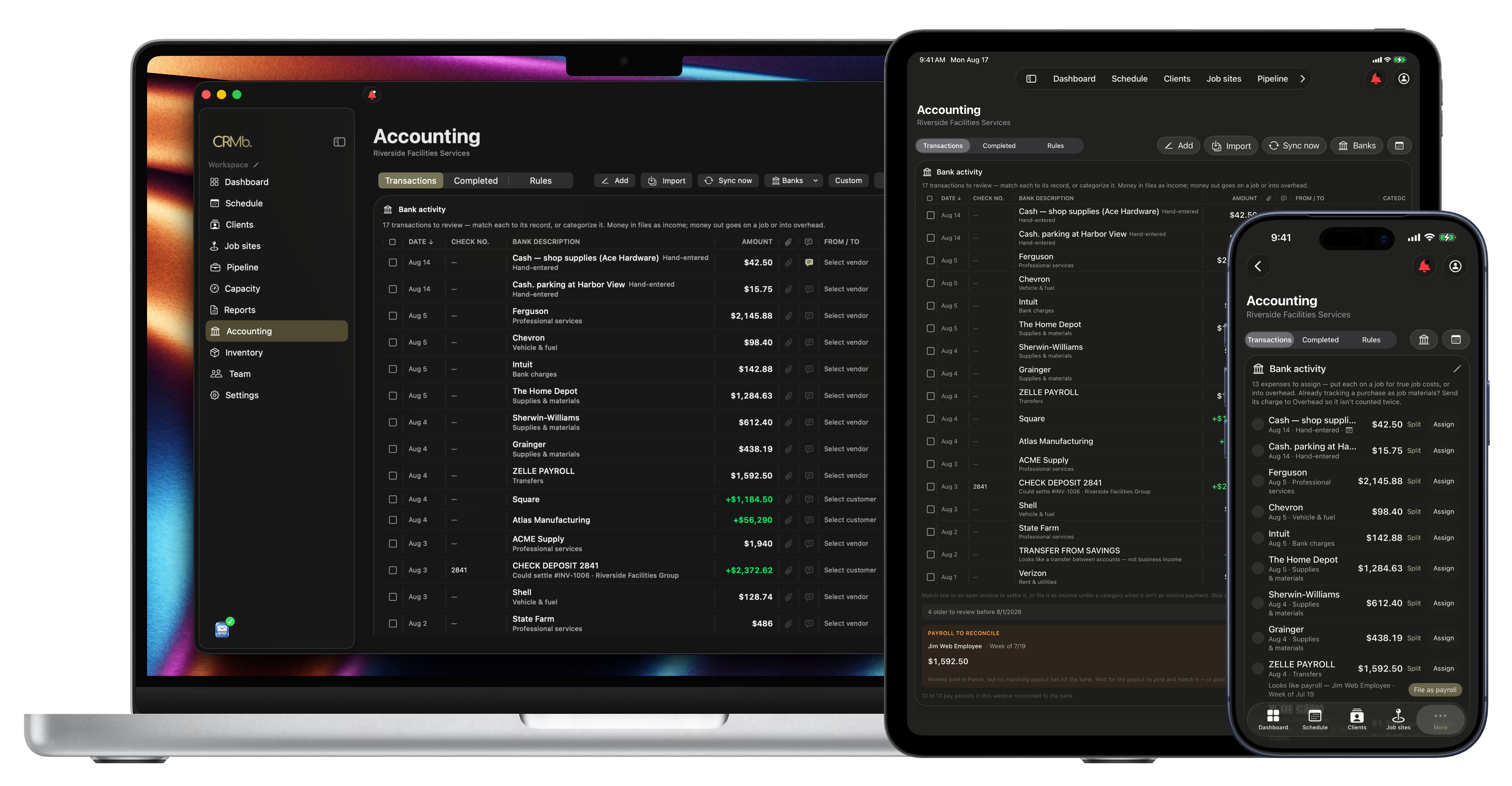 CRMb on Mac, iPad, and iPhone — the Accounting hub, with bank activity waiting to be filed to a job or to overhead