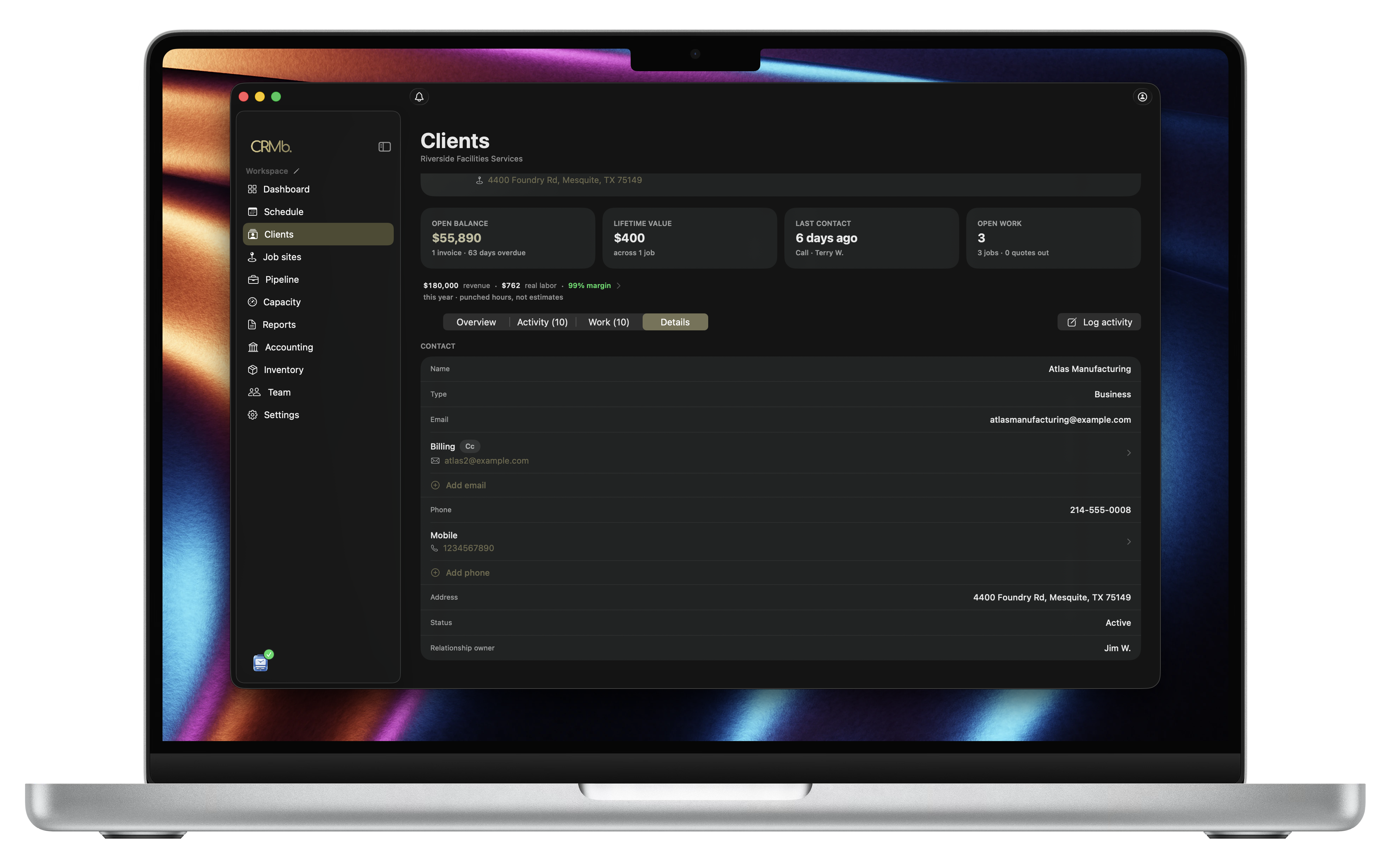 CRMb for Mac — a client's Details tab, with a billing email in copy, a second phone number, Add email and Add phone right in the card