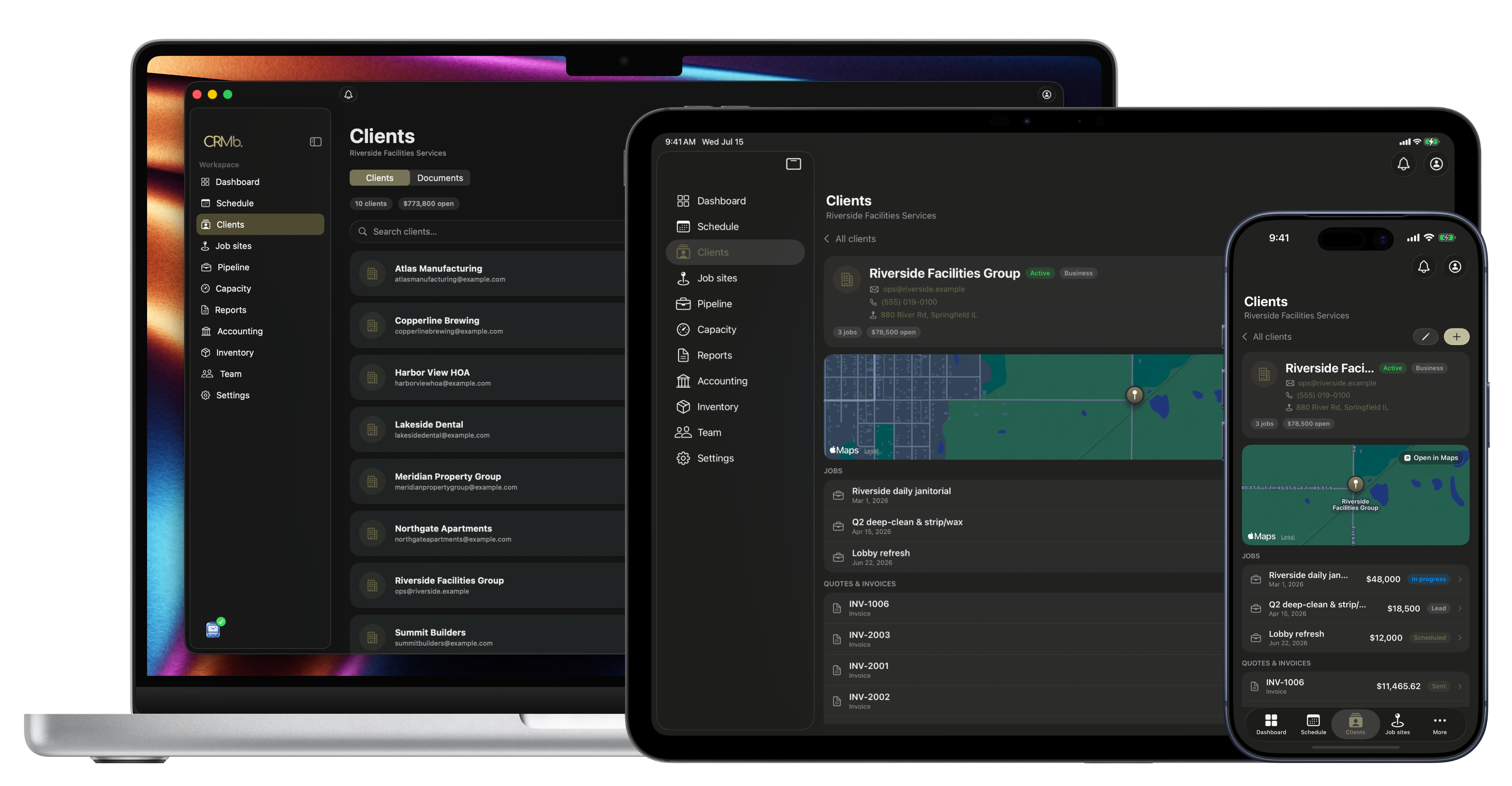 CRMb 1.1 on Mac, iPad, and iPhone — a client record with its balance, lifetime value, last contact, next step, a pinned note, and a running activity history