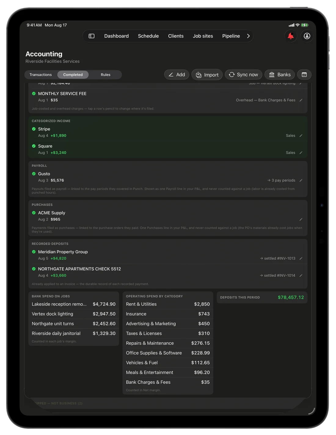 CRMb payroll on iPad: bank payouts filed as payroll and linked to the pay periods they covered in Punch, purchases tied to their POs, and recorded deposits settled against invoices