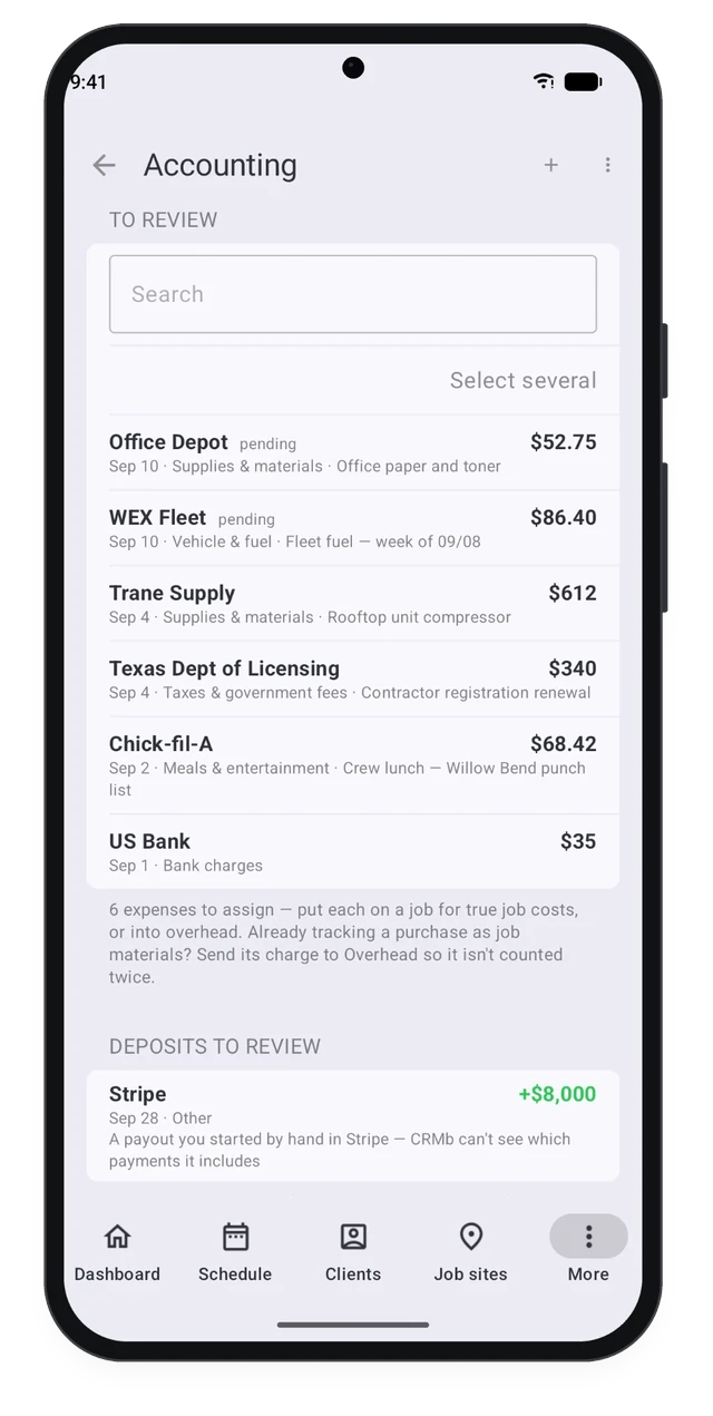CRMb on Android: bank activity to review, with expenses to put on a job or into overhead and deposits that came in