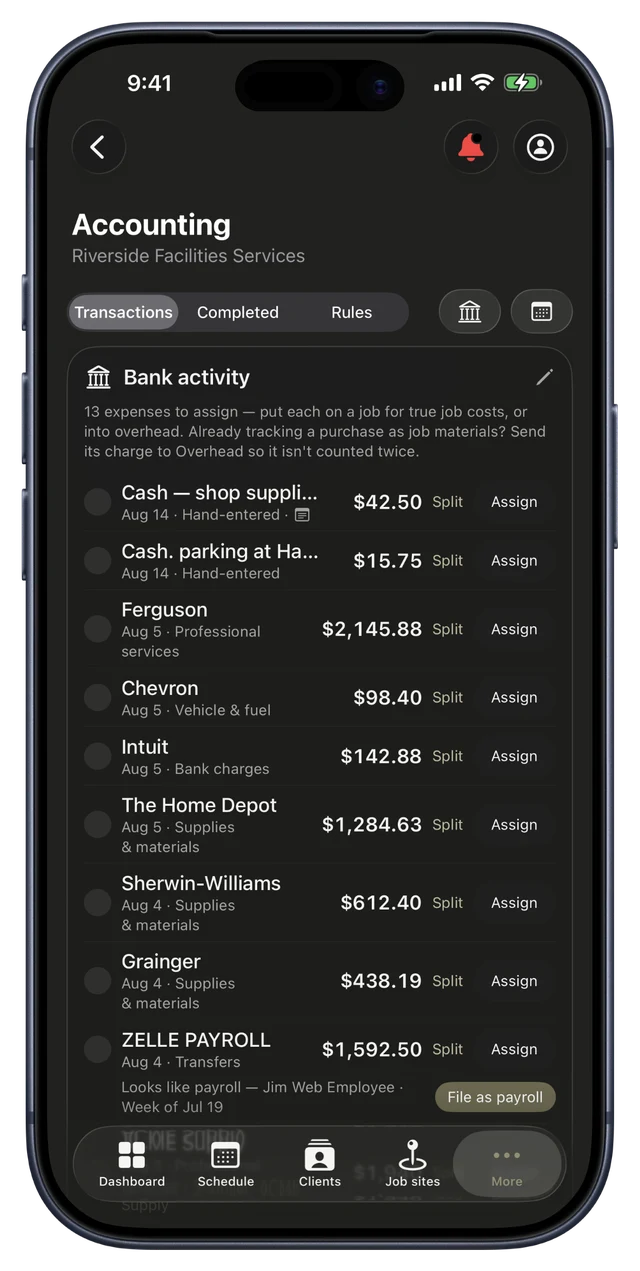 CRMb bank activity on iPhone: expenses to assign to a job or overhead, recorded deposits settled against invoices, and bank spend on jobs