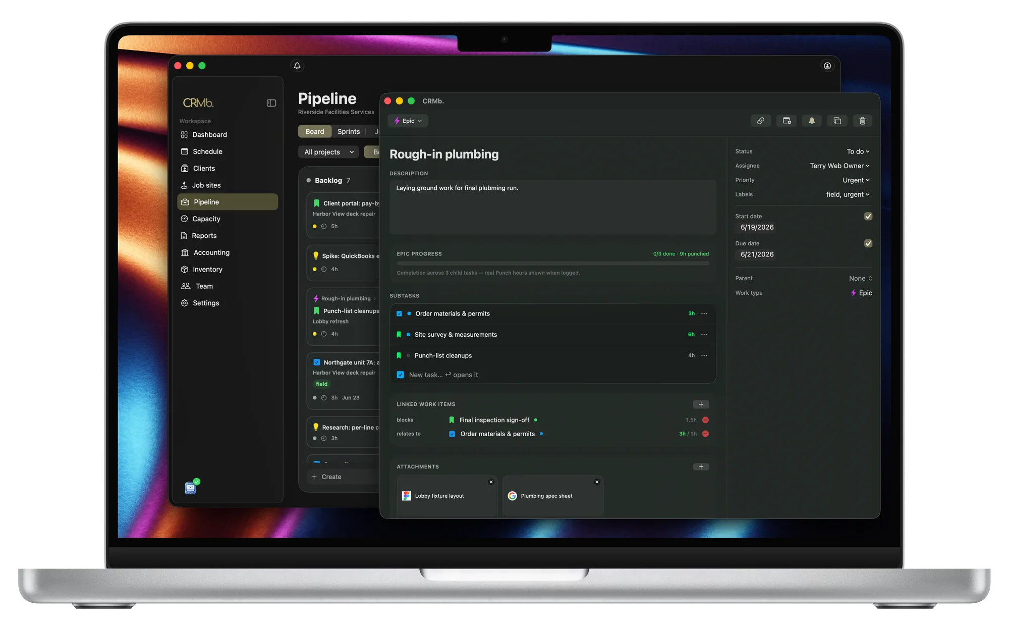CRMb task detail on Mac with its checklist, notes and real hours