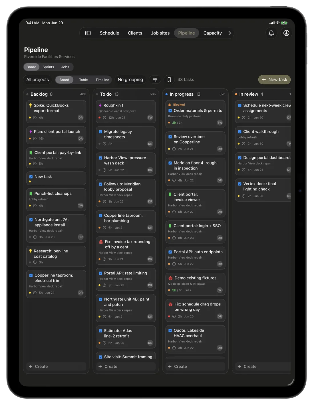 CRMb on iPad — the task board, drag-and-drop in portrait