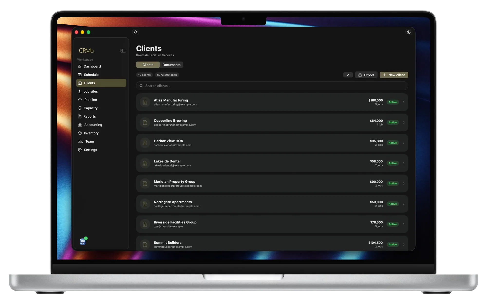 CRMb client detail on Mac with their jobs, invoices and job site on the map