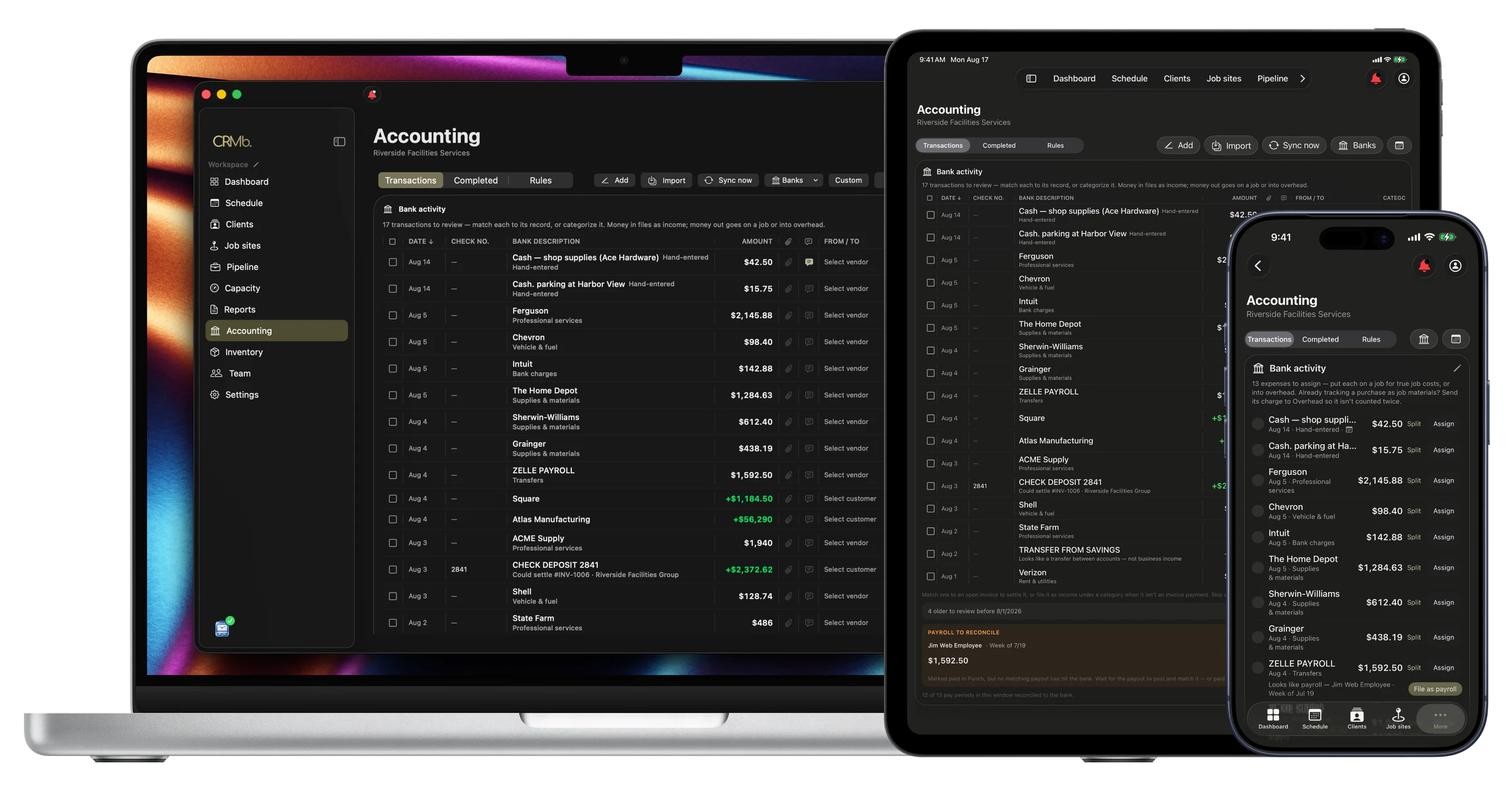 CRMb Accounting on Mac, iPad and iPhone: the bank-activity inbox with payouts recognized as payroll, deposits settling invoices, and auto-categorize rules