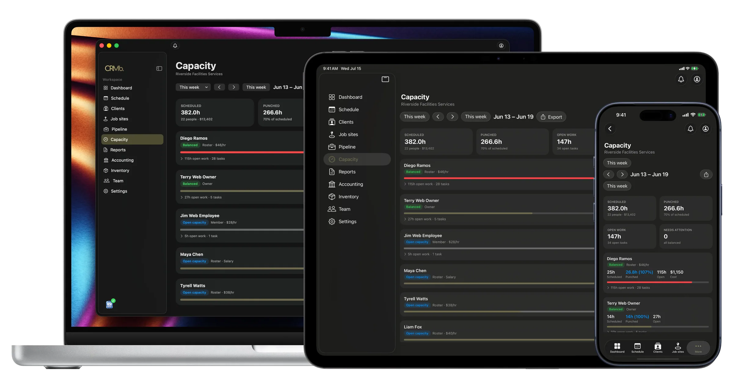 Capacity on Mac, iPad and iPhone: scheduled, punched and open work per person