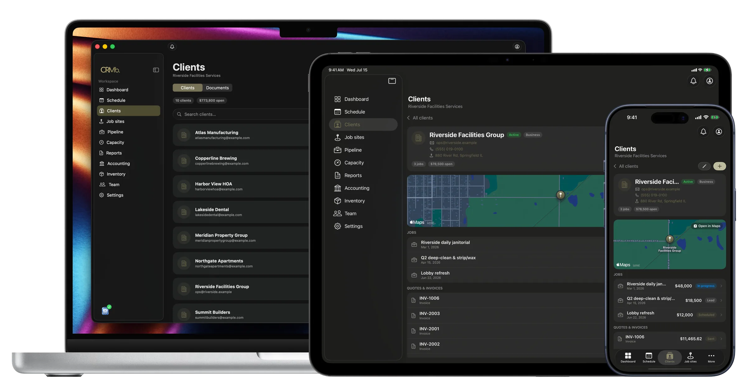 The client list on Mac, with a client's jobs, invoices and job site open on iPad and iPhone