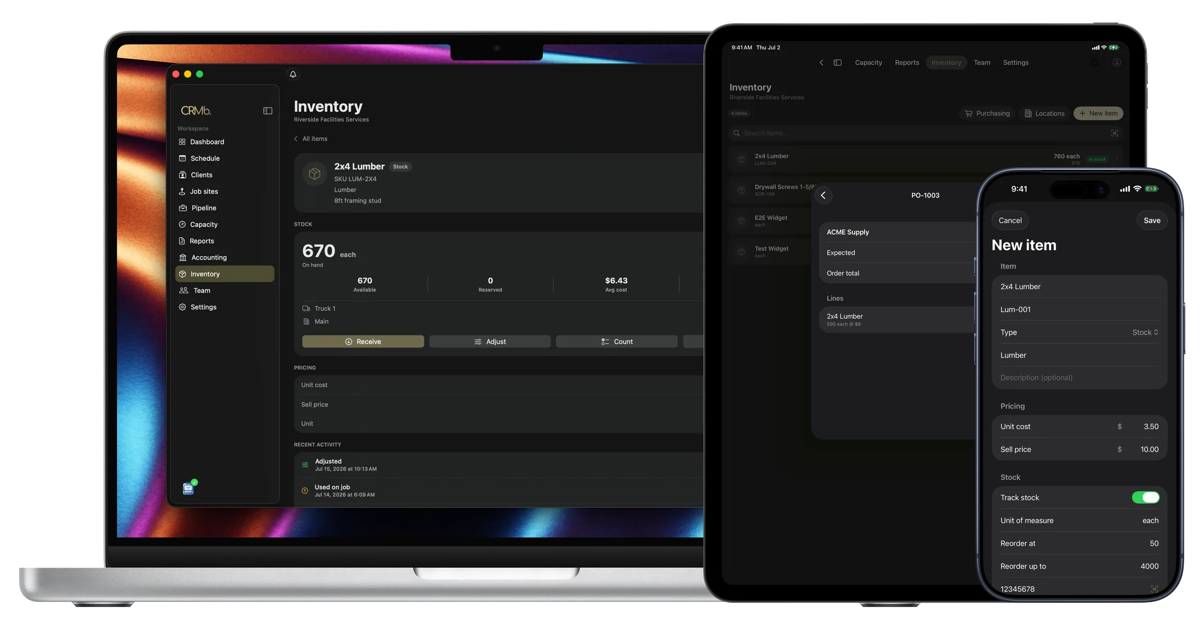 An item's live stock on Mac, a purchase order on iPad and a new item on iPhone