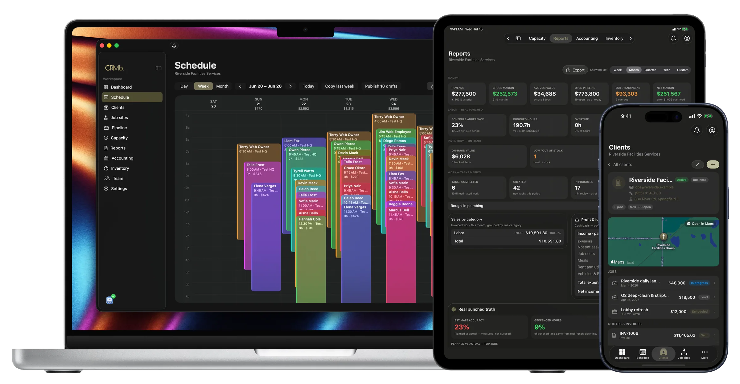 CRMb on every screen: the priced week schedule on Mac, Reports on iPad and a client record on iPhone