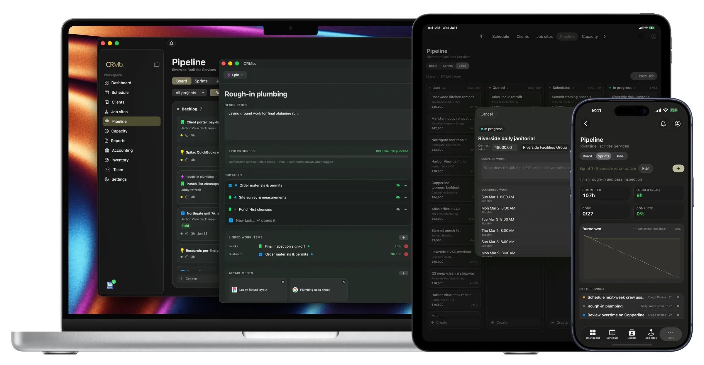 The jobs pipeline with a task open on Mac, the board on iPad and a live sprint on iPhone
