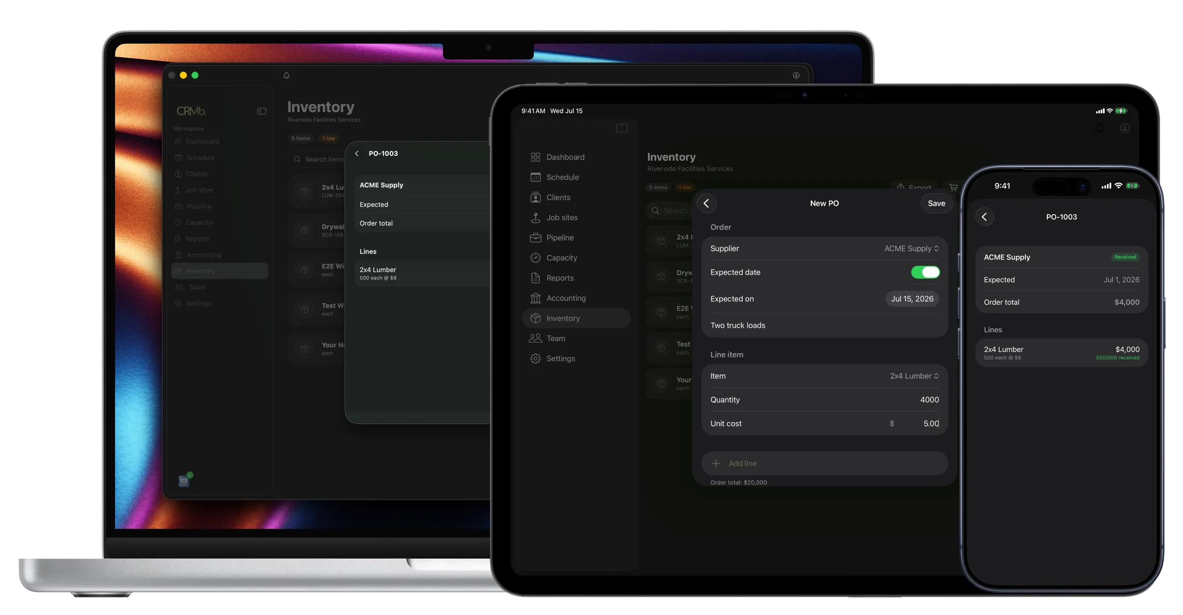 A new purchase order on Mac, with the same PO being received on iPad and iPhone