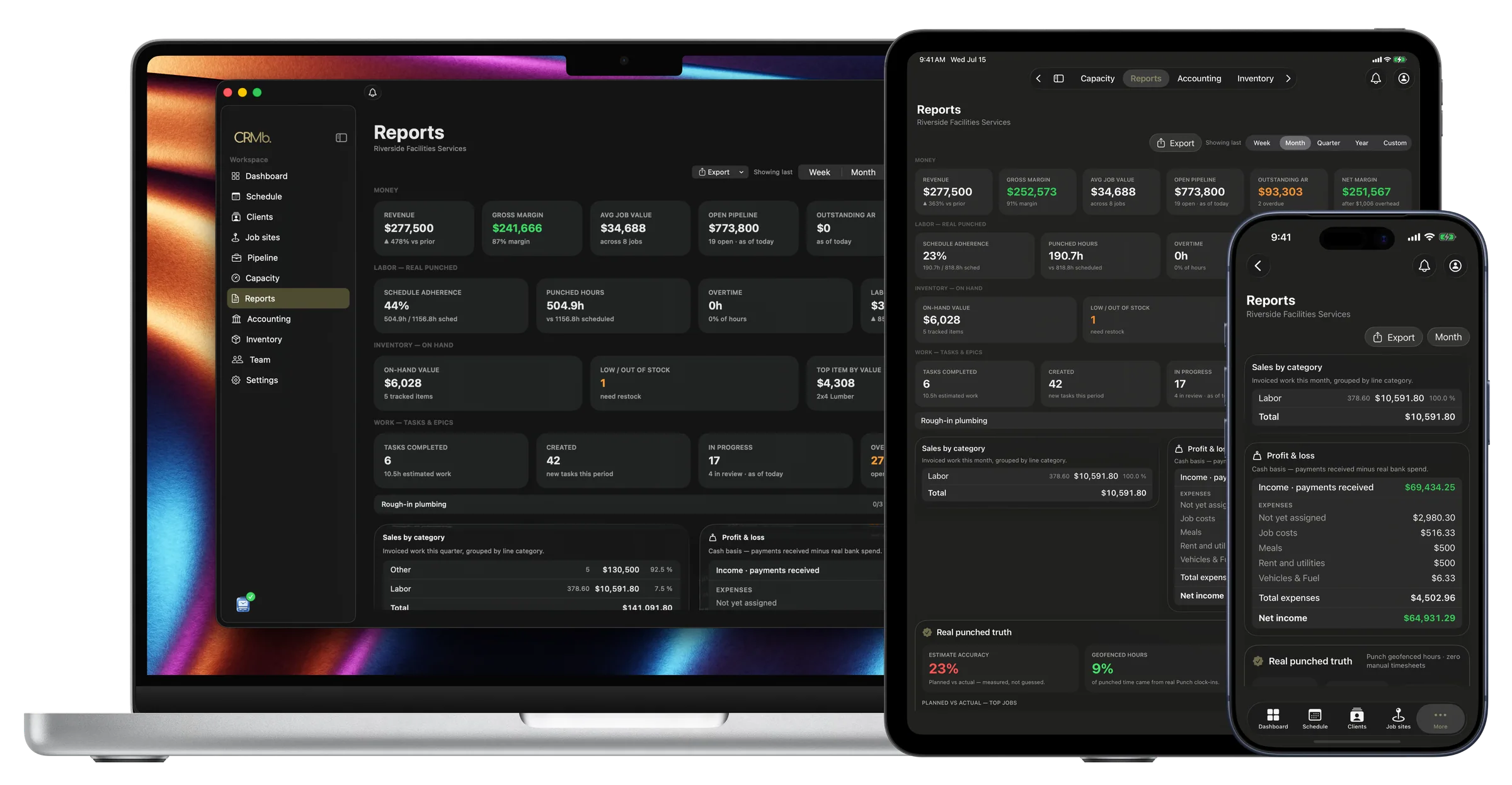 Reports on Mac, iPad and iPhone: revenue, margin, schedule adherence and real punched hours