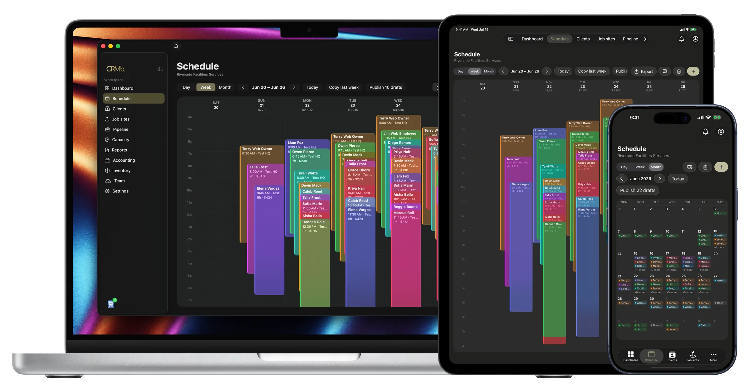 The priced week schedule on Mac and iPad, with the month view on iPhone