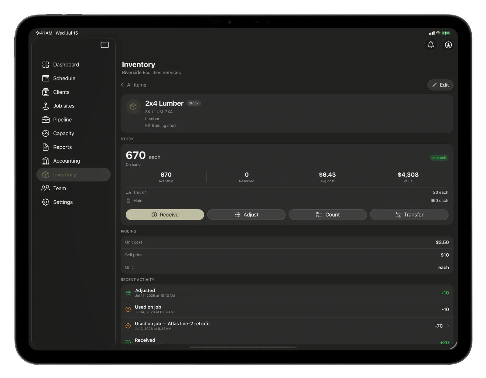 CRMb item detail on iPad with on-hand, available and reserved, the per-location breakdown, and receive, count and transfer actions