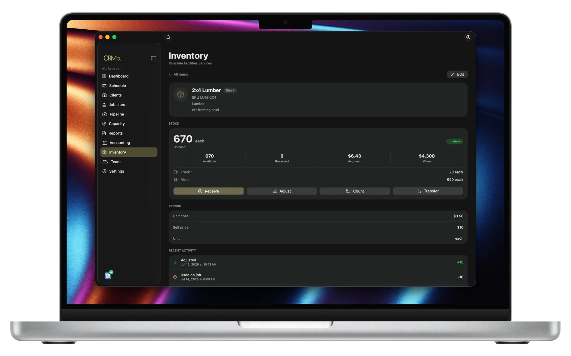 CRMb item on Mac with its movement history: received, counted, adjusted and used on a job