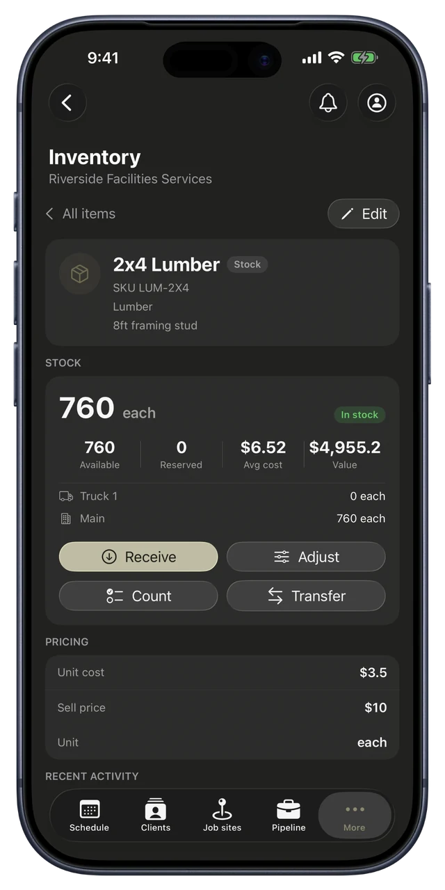 CRMb on iPhone — inventory on the go, with per-location stock