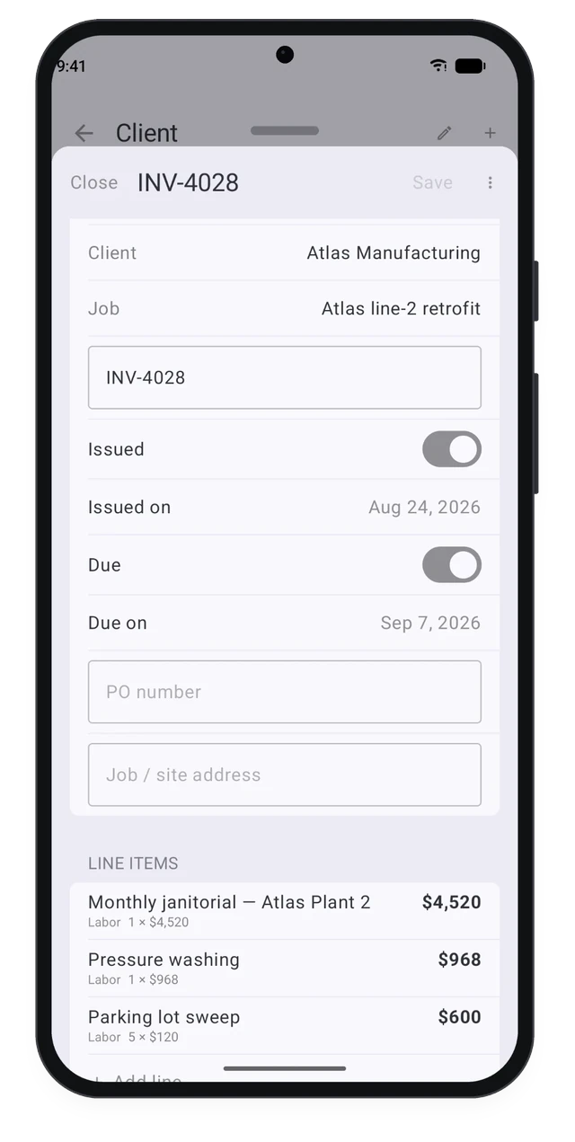 CRMb on Android: editing an invoice with its client, job, issue and due dates and line items