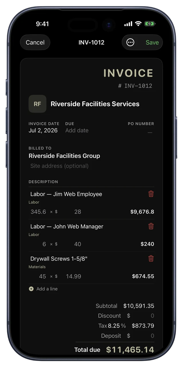 CRMb on iPhone — the branded invoice, exactly as the client sees it