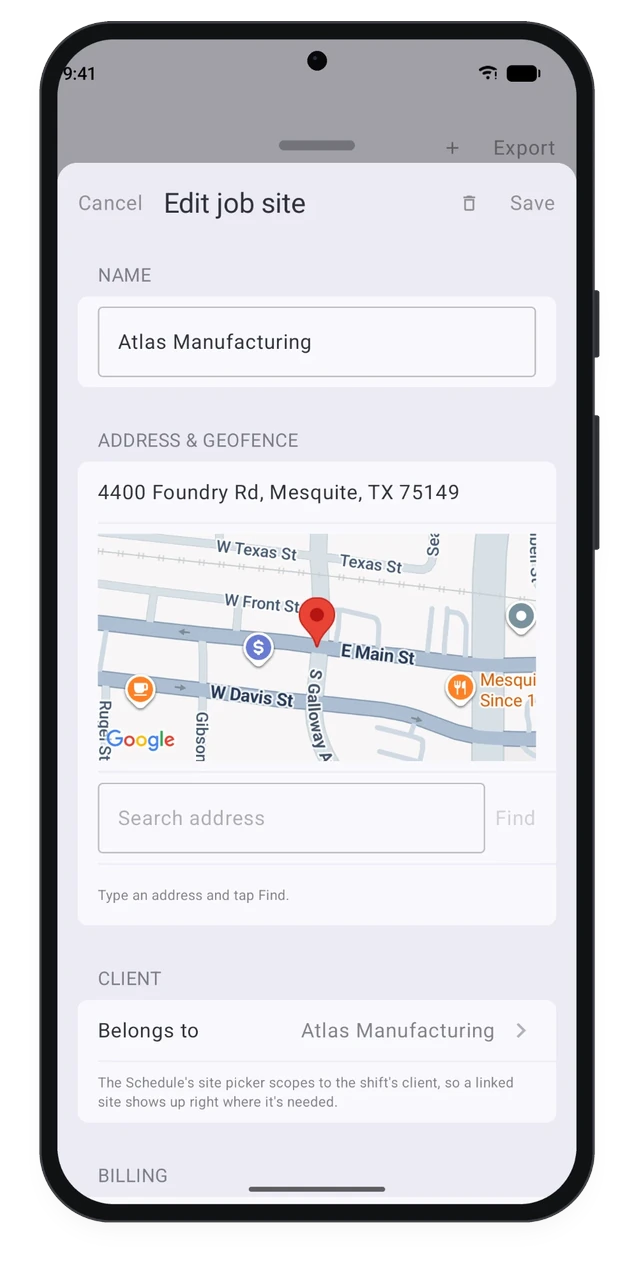 CRMb on Android: editing a job site's address and geofence on the map, and the client it belongs to