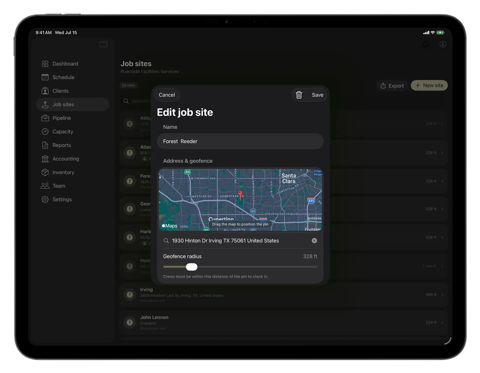 CRMb job sites on iPad, editing a site's pin and geofence radius on the map