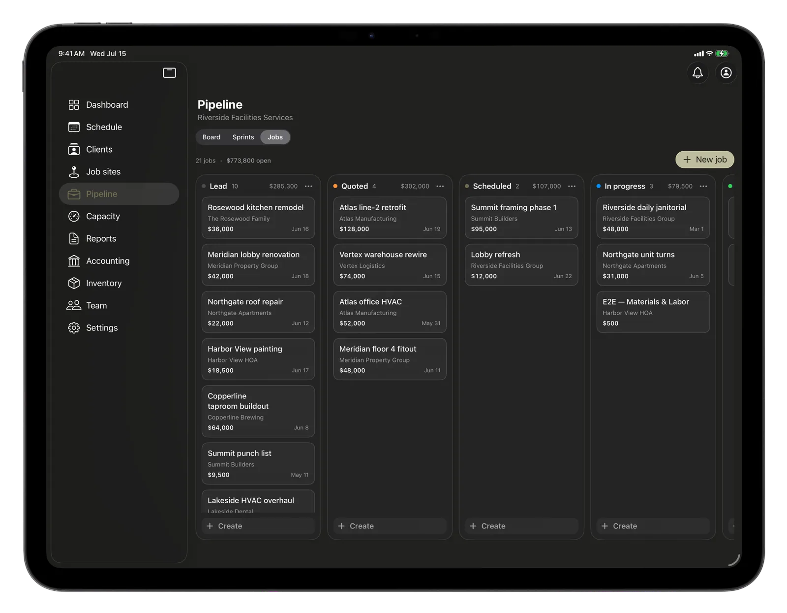 CRMb jobs pipeline by stage on iPad