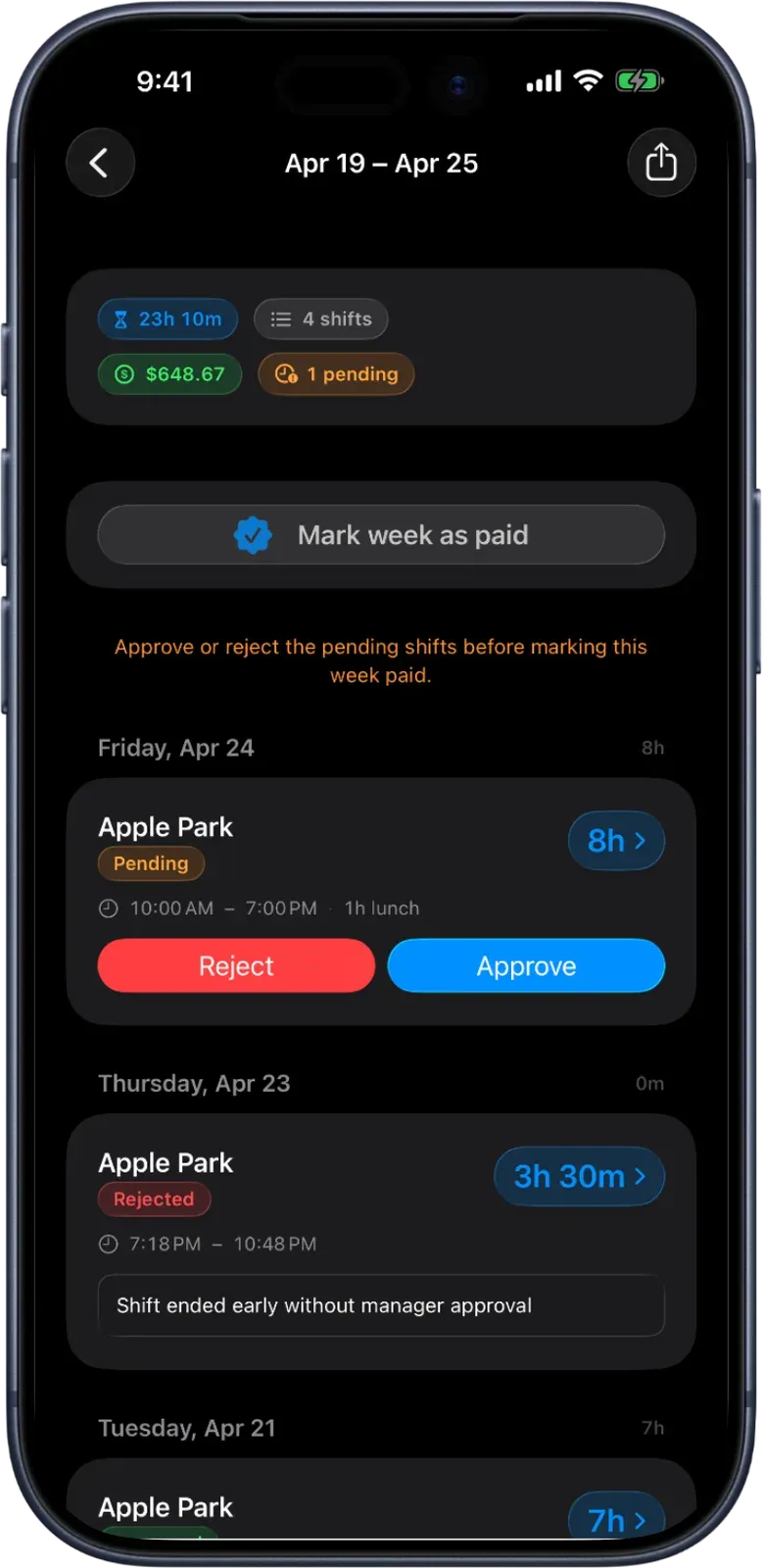 Punch shift approvals queue on iPhone