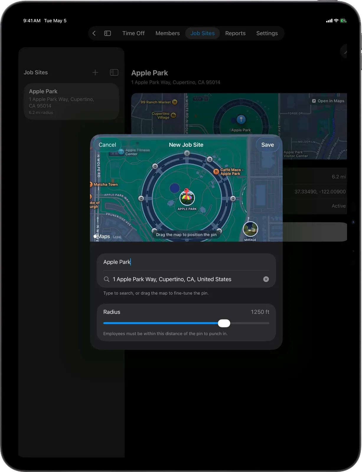 Punch geofence radius around a job site on iPad