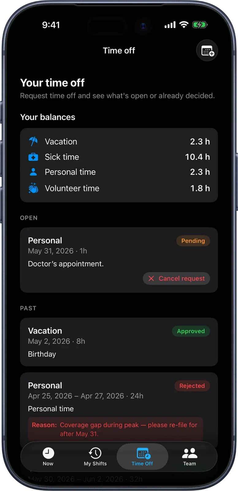 Punch time off balances and requests on iPhone