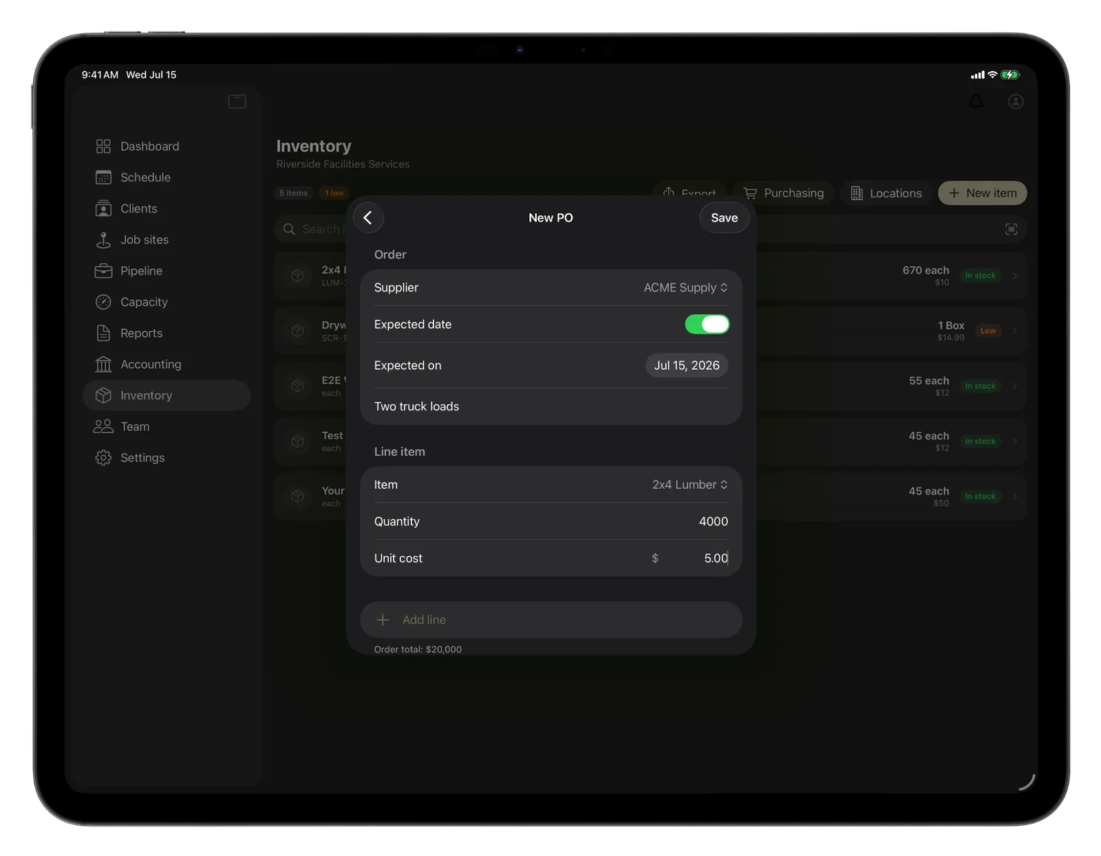 CRMb new purchase order on iPad with supplier, expected date, a line item and the order total
