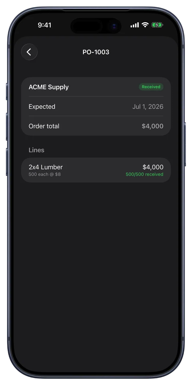 CRMb purchase order on iPhone marked received, with every line fully received
